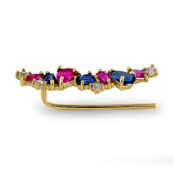 Solid 14K Yellow Gold Stone Medley Blue Sapphire, Ruby, & Clear CZ Earrings - Picture 3 of 3